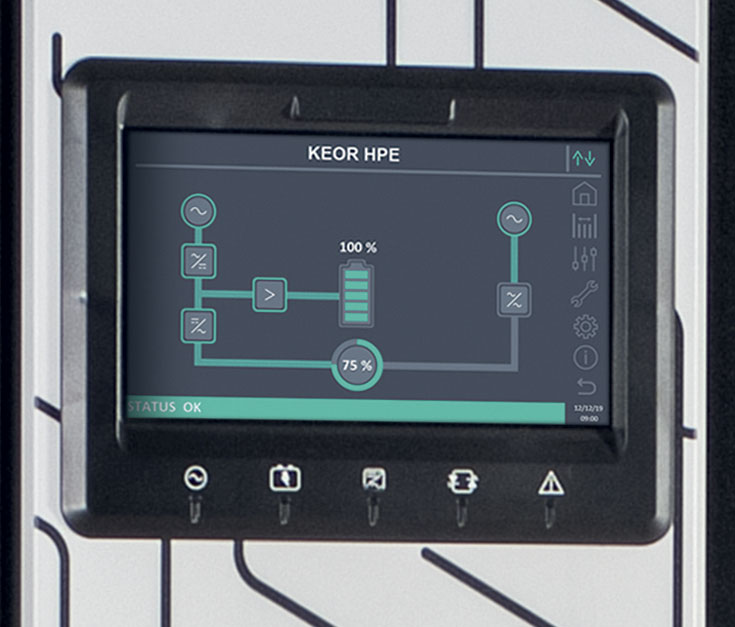 SMART DISPLAY 
The new Keor HPE are equipped with smart, interactive, simple, and intuitive displays, thanks to which it is possible to view the operating parameters of the UPS, selecting the preferred language. The displays are supplied in 2 different versions: 7 inch LCD for 60 - 160 kW models 10 inch LED for 200-600 kW models.
